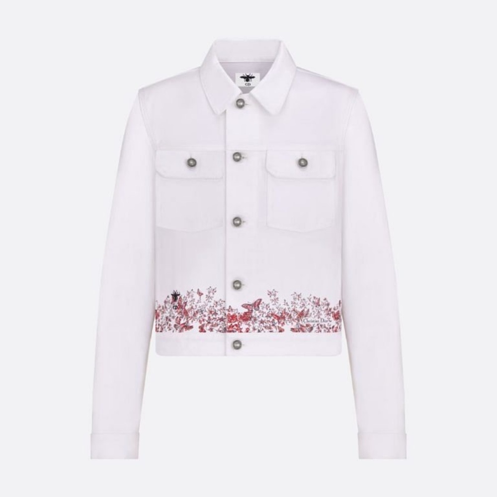 NEW WITH TAGS 
Dior White Denim Jacket with Red Butterfly Motif Size 36